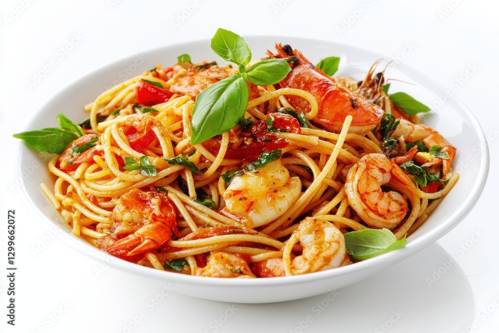 Delicious Shrimp Pasta with Basil and Tomato in Bowl Captures Authentic Mediterranean Flavors Food Still Life Delicious Shrimp Pasta with Basil and Tomato in Bowl Captures Authentic Mediterranean Flavors Food Still Life