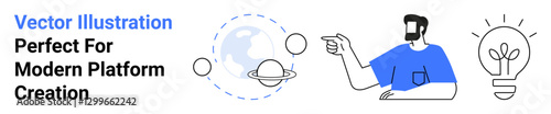 Man pointing at planetary orbits around the globe while light bulb conveys creativity and sustainability. Ideal for technology, innovation, education, exploration, future, eco-design, flat landing
