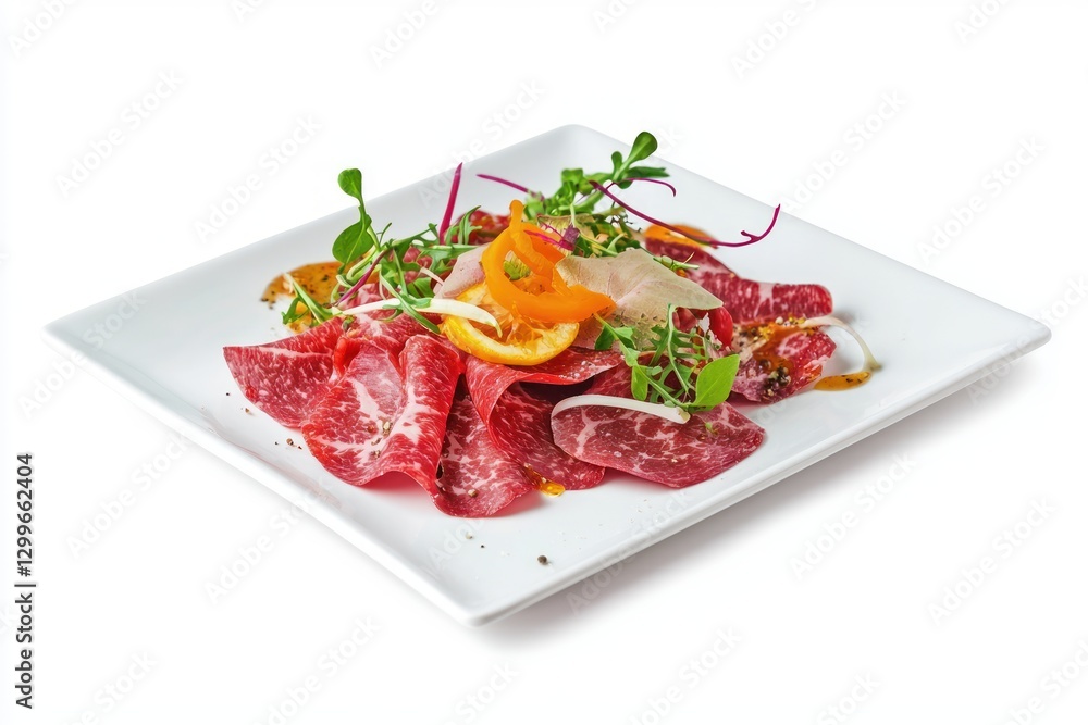 Appetizing plate displaying premium meat carpaccio decorated with fresh citrus and vibrant green microgreens
