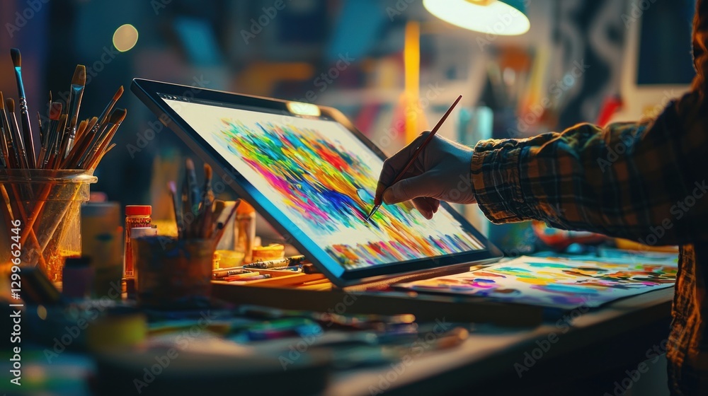 Vivid Painting Process Artist Hand at Digital Display Creative Desktop Contemporary Workspace Vivid Painting Process Artist Hand at Digital Display Creative Desktop Contemporary Workspace