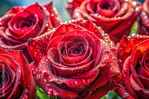 Red Rose Bouquet with Water Droplets - Close-Up View