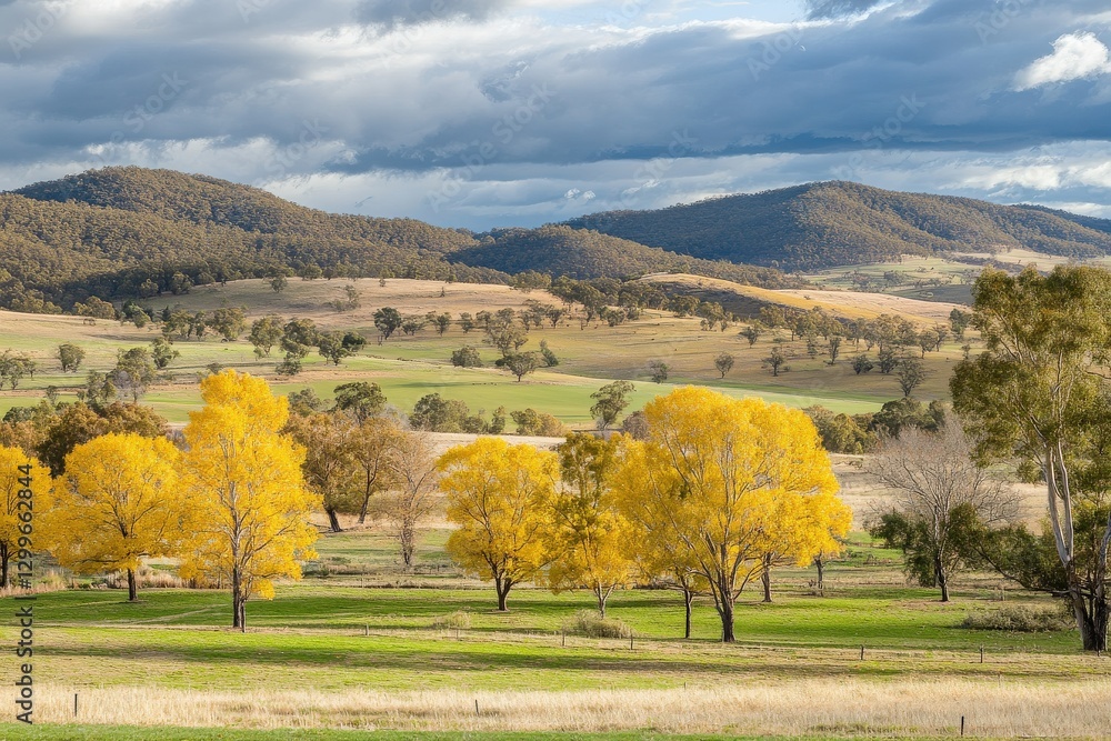 Fototapeta premium Golden Autumn Landscape with Shimmering Leaves in Warm Light