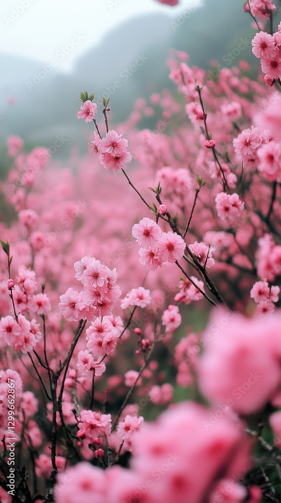 Pink blossoms bloom, misty hill, spring, wallpaper Pink blossoms bloom, misty hill, spring, wallpaper