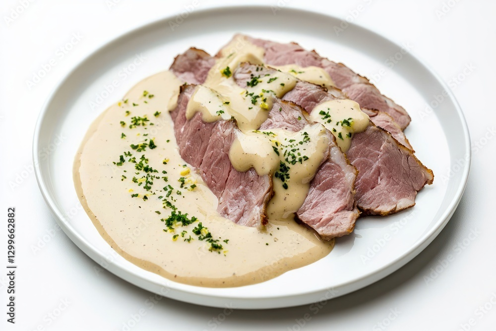 Succulent sliced pork roast served with creamy sauce and garnished with fresh herbs on modern plate Succulent sliced pork roast served with creamy sauce and garnished with fresh herbs on modern plate