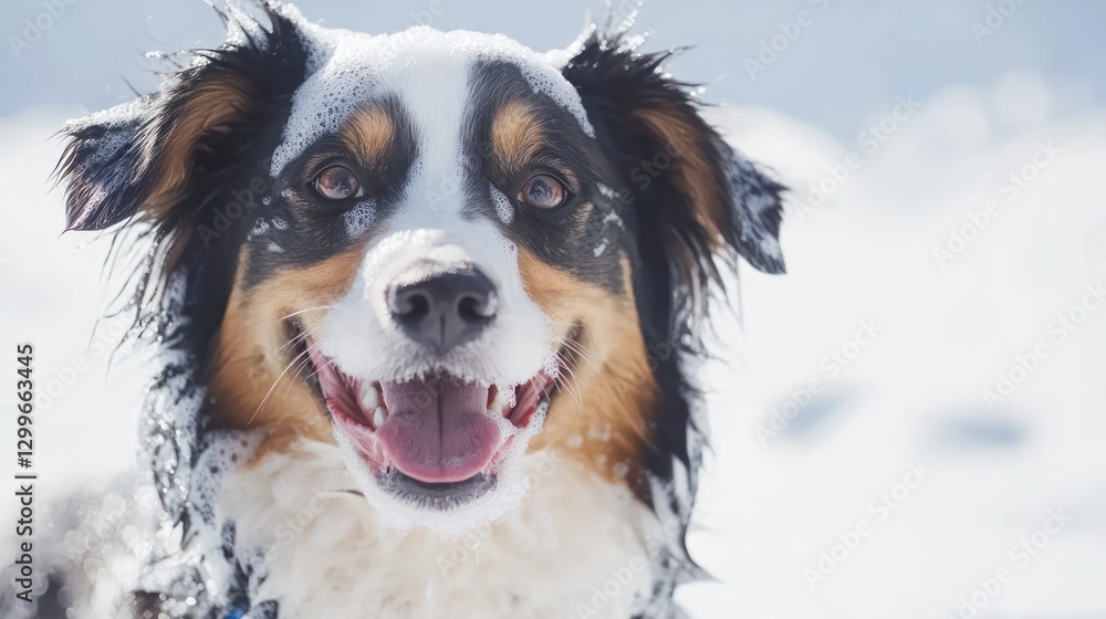 Australian Shepherd happy getting a bath with bubbles in a bright white setting during daytime grooming session Australian Shepherd happy getting a bath with bubbles in a bright white setting during daytime grooming session