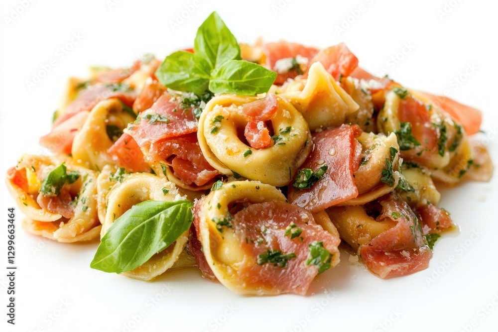 Appetizing tortellini with ham and basil leaves on a bright white table inviting cuisine experience Appetizing tortellini with ham and basil leaves on a bright white table inviting cuisine experience