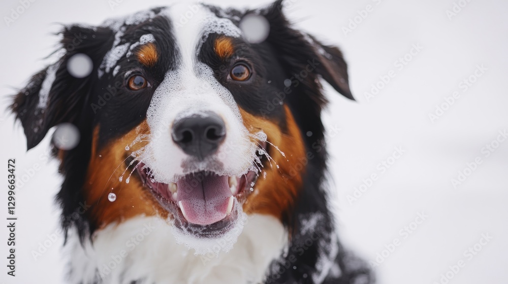 Fototapeta premium Australian Shepherd happy getting a bath with bubbles in a bright white setting during daytime grooming session