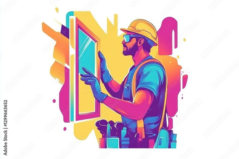 Fototapeta premium Colorful Worker Installing Window with Tools and Safety Gear