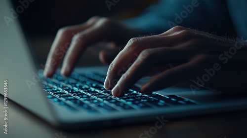 Fingers typing code on laptop keyboard in dim light for programmer or hacker using blue color theme