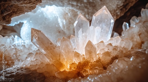 An intense macro shot of the massive gypsum crystals inside Naica Cave, with intricate light reflections dancing off the mineral surfaces. The humid, otherworldly environment shimmers in extreme heat.