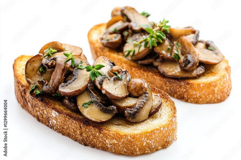 Two golden toasts topped with sauteed mushrooms and aromatic thyme sprigs on a white background Two golden toasts topped with sauteed mushrooms and aromatic thyme sprigs on a white background
