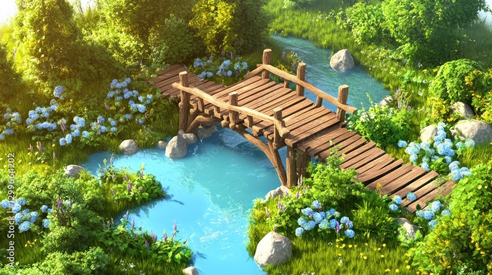 Bridge across water stream flowing down, surrounded by trees and flowers; for nature travel Bridge across water stream flowing down, surrounded by trees and flowers; for nature travel