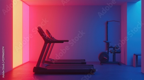 Fototapeta Naklejka Na Ścianę i Meble -  Modern neon gym interior featuring treadmills and weights showcasing a vibrant and energetic fitness space