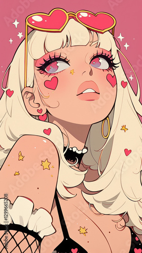 Vintage Manga Style Blonde Woman with Starry Hairstyle and Golden Bracelets on Purple Background, Kawaii Anime Idol Concept