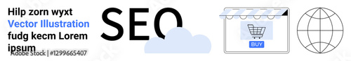 SEO text, cloud, online storefront with shopping cart, digital shopping, globe symbolizing connectivity. Ideal for SEO, e-commerce, web development, online shopping digital marketing branding flat
