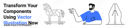 Geometric trojan horse, a man pointing in blue shirt, and folded hands outline. Ideal for tech innovation, teamwork, strategy, creativity, transformation, symbolism flat landing page banner