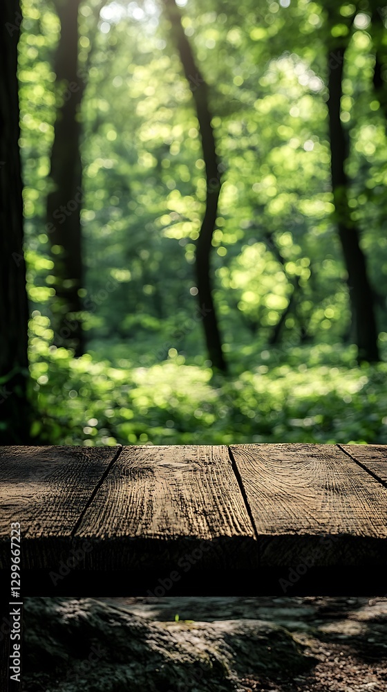 Wooden table in sunlit forest Wooden table in sunlit forest