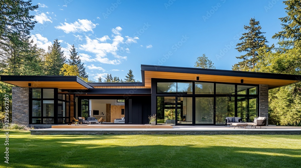 Modern Home Design with Angled Roof and Large Glass Windows in a Green Forest Setting Modern Home Design with Angled Roof and Large Glass Windows in a Green Forest Setting