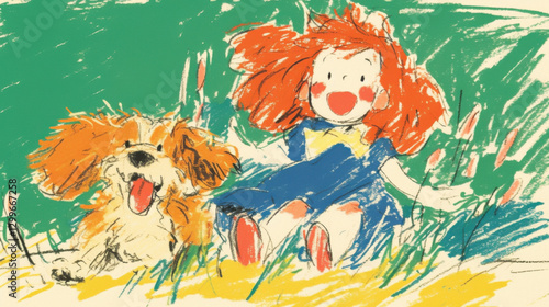 Little girl leading dachshund through field path in fairy tale illustration style. Joyful outdoor scene with soft lighting.