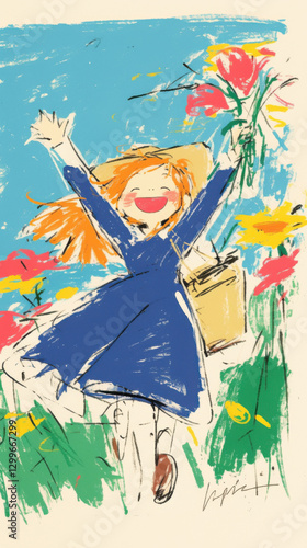 Little girl leading dachshund through field path in fairy tale illustration style. Joyful outdoor scene with soft lighting.