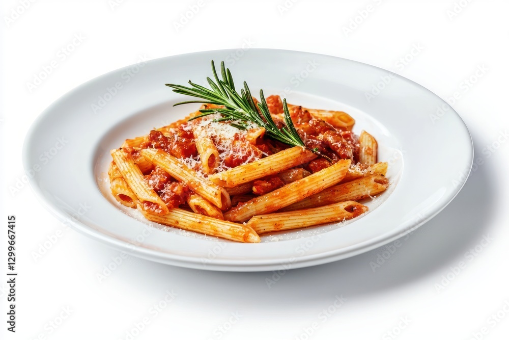 Delicious Penne Pasta in Red Sauce with Parmesan and Rosemary on White Plate Isolated Delicious Penne Pasta in Red Sauce with Parmesan and Rosemary on White Plate Isolated