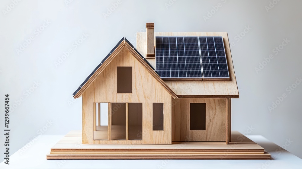 Miniature wood home showcasing innovative solar panels and sustainable living in bright minimal setting Miniature wood home showcasing innovative solar panels and sustainable living in bright minimal setting