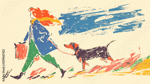 Little girl leading dachshund through field path in fairy tale illustration style. Joyful outdoor scene with soft lighting.