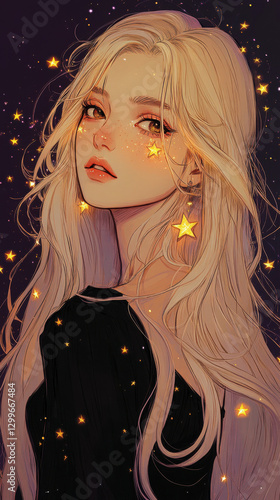 Vintage Manga Style Blonde Woman with Starry Hairstyle and Golden Bracelets on Purple Background, Kawaii Anime Idol Concept