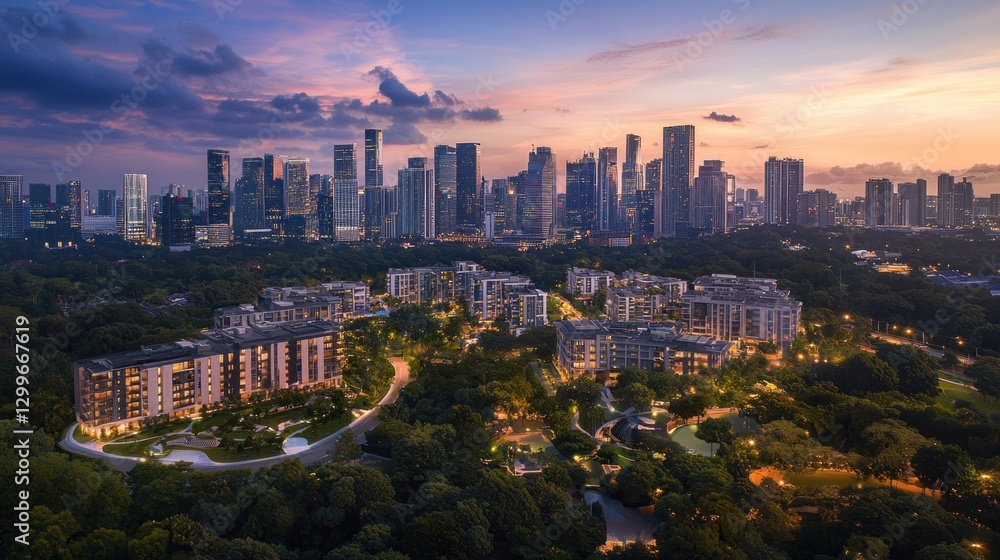 Fototapeta premium Captivating metropolis scene with towering buildings nestled between lush green trees during dawn serene cityscape