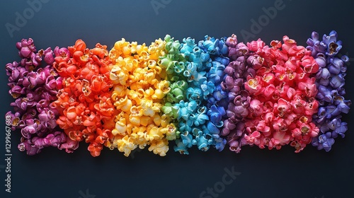 Rainbow popcorn snack, flatlay, dark background