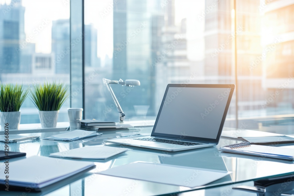 Modern office with laptop on clear desk and sunlight streaming through tall windows workspace concept Modern office with laptop on clear desk and sunlight streaming through tall windows workspace concept