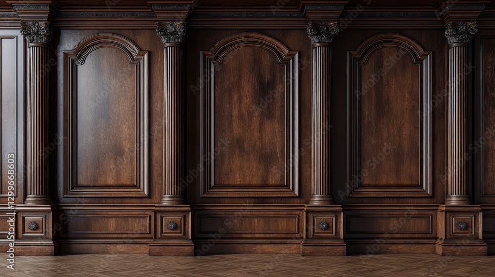 A premium wooden wall with rich brown hues, featuring symmetrical columns and frame patterns for a sophisticated feel. A premium wooden wall with rich brown hues, featuring symmetrical columns and frame patterns for a sophisticated feel.