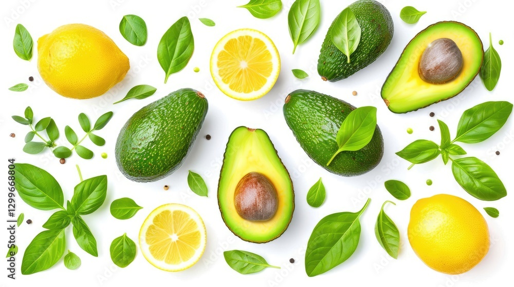 Fresh Avocados, Lemons, and Basil Leaves on White Background Display Fresh Avocados, Lemons, and Basil Leaves on White Background Display