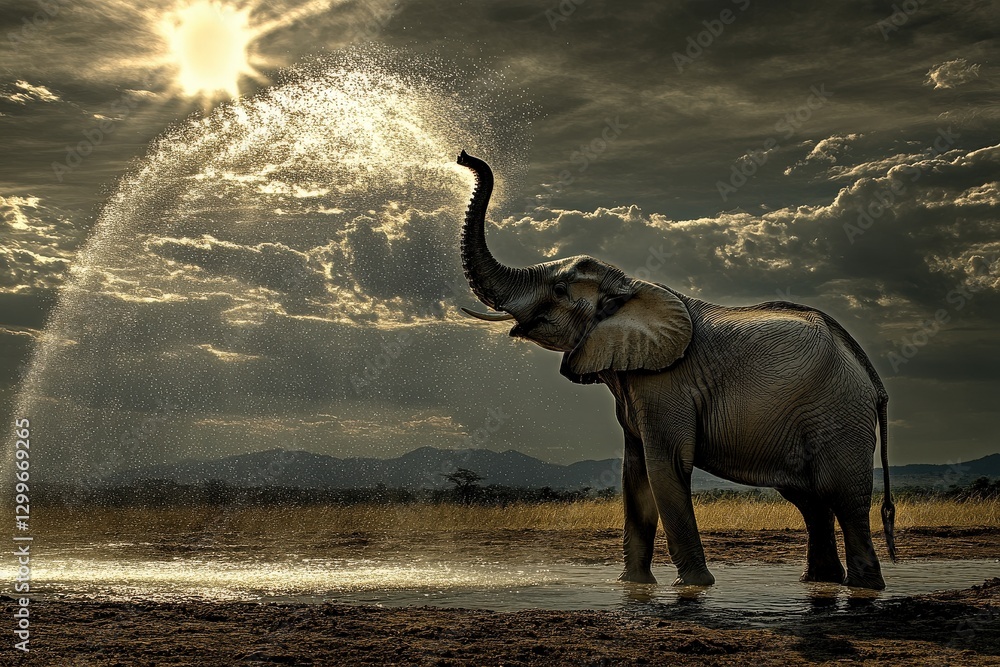 Fototapeta premium Massive Elephant Spraying Water into Air Under Midday Sun