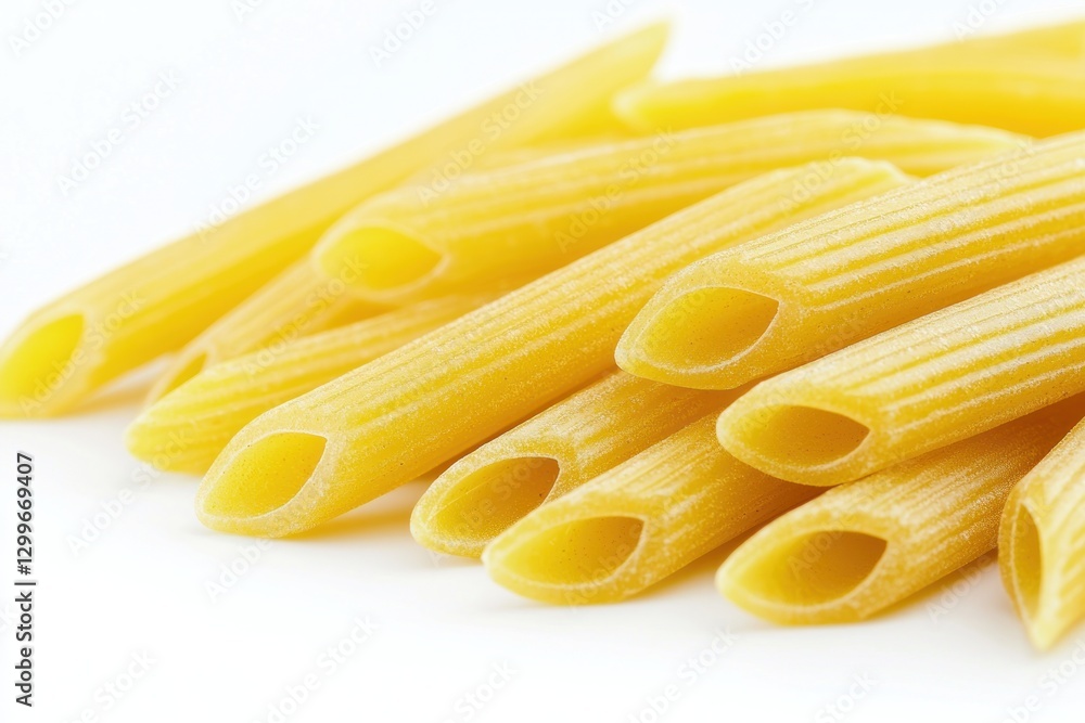 Golden Penne Pasta Composition on White Background Ideal for Culinary and Recipe Stock Photography Golden Penne Pasta Composition on White Background Ideal for Culinary and Recipe Stock Photography