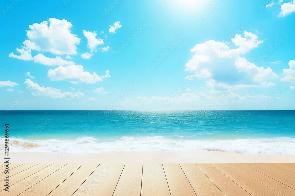 Fototapeta premium Beautiful beach with white sand in sunny summer day. Turquoise ocean water and blue sky with clouds . Natural background for summer vacation, soft focus, space for text
