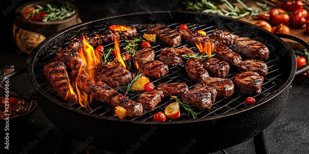 Assorted delicious grilled meat with vegetables over the coals on a barbecue Assorted delicious grilled meat with vegetables over the coals on a barbecue