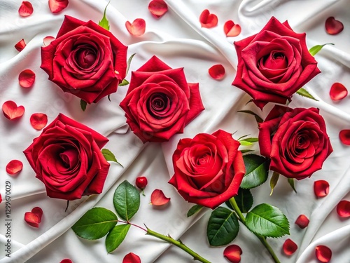 Romantic Valentine's Day Roses: Flat Lay White Background Stock Photo