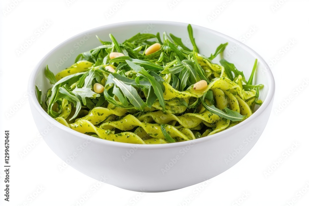 Bowl of fresh pesto pasta with arugula and pine nuts on white blackground showcasing light and vibrant meal photography Bowl of fresh pesto pasta with arugula and pine nuts on white blackground showcasing light and vibrant meal photography