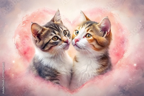Romantic Watercolor Valentine's Day Cats Kissing Heart Pink Background