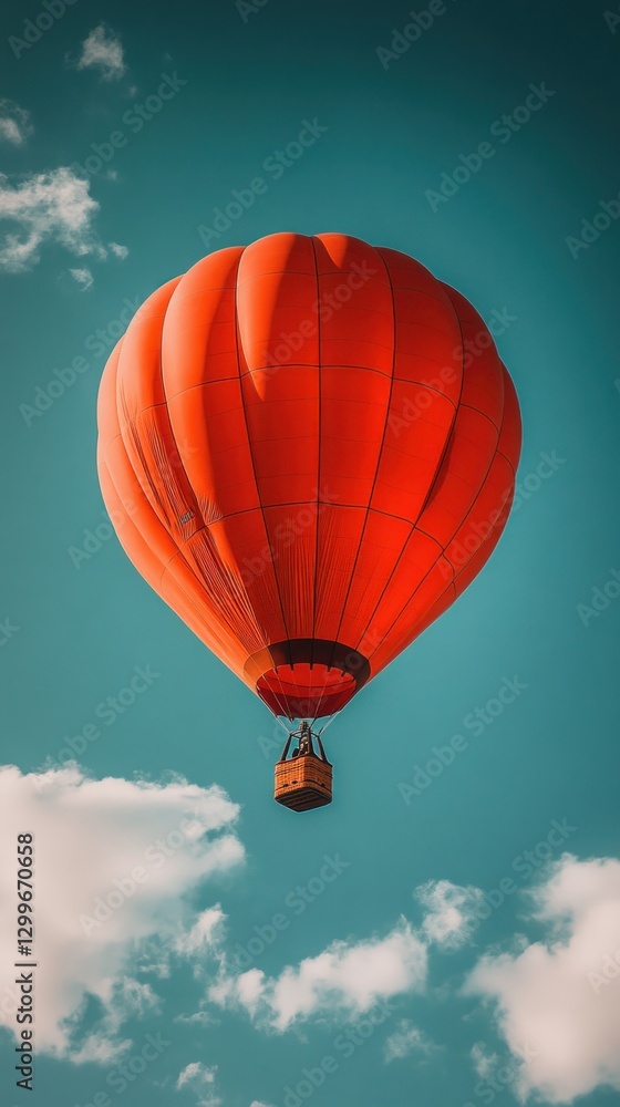 Naklejka premium Red hot air balloon soaring, blue sky, clouds, travel