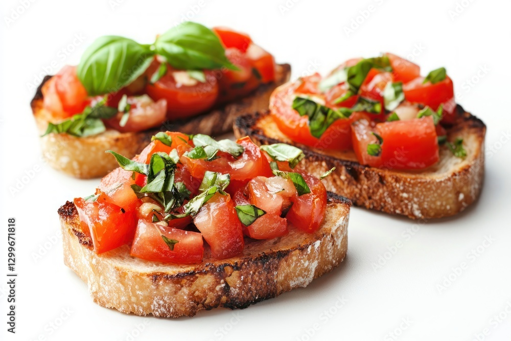 Fresh bruschetta with tomato and basil on toasted bread vibrant colors rustic italian cuisine appetizer starter Fresh bruschetta with tomato and basil on toasted bread vibrant colors rustic italian cuisine appetizer starter