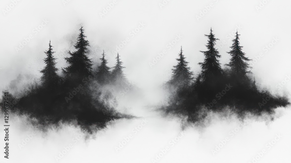 Misty forest, charcoal drawing, serene landscape, print art Misty forest, charcoal drawing, serene landscape, print art