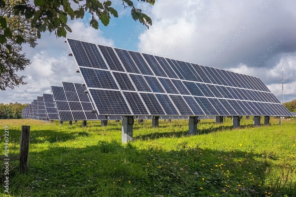 Solar Farm on Sunny Day with Green Grass and Blue Sky Sustainable Energy Landscape for Stock Photo Solar Farm on Sunny Day with Green Grass and Blue Sky Sustainable Energy Landscape for Stock Photo