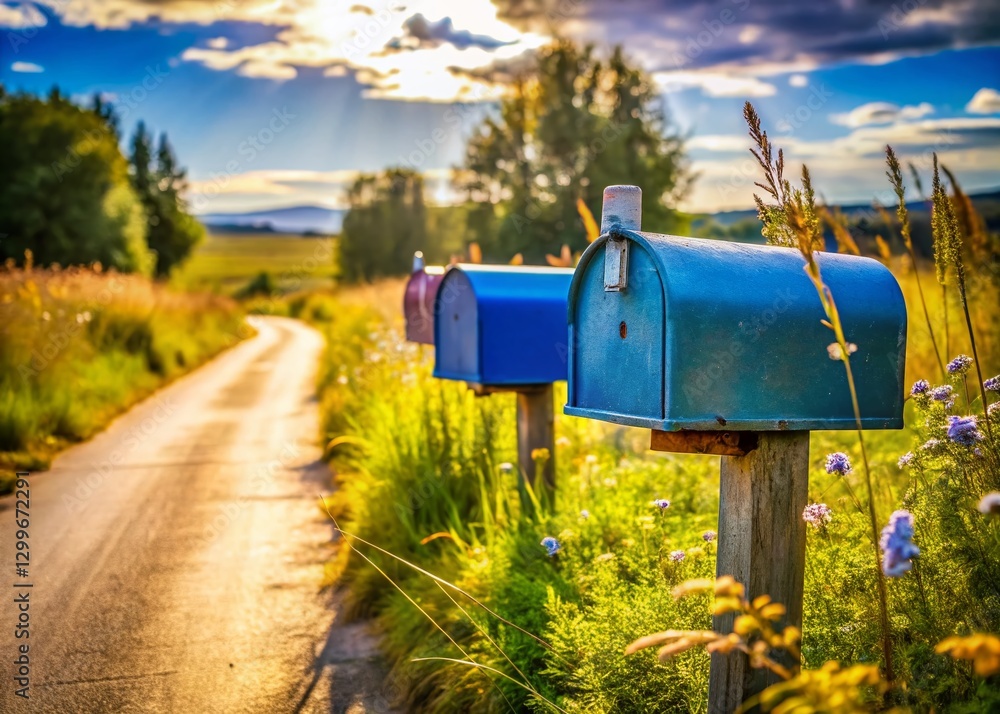 Rustic Charm: Two Blue Roadside Mailboxes on a Sunny Day Rustic Charm: Two Blue Roadside Mailboxes on a Sunny Day