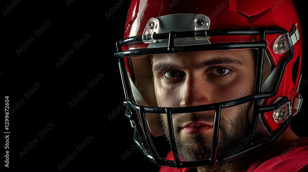 American football player in helmet, intense focus and determination in dramatic portrait. American football player in helmet, intense focus and determination in dramatic portrait.