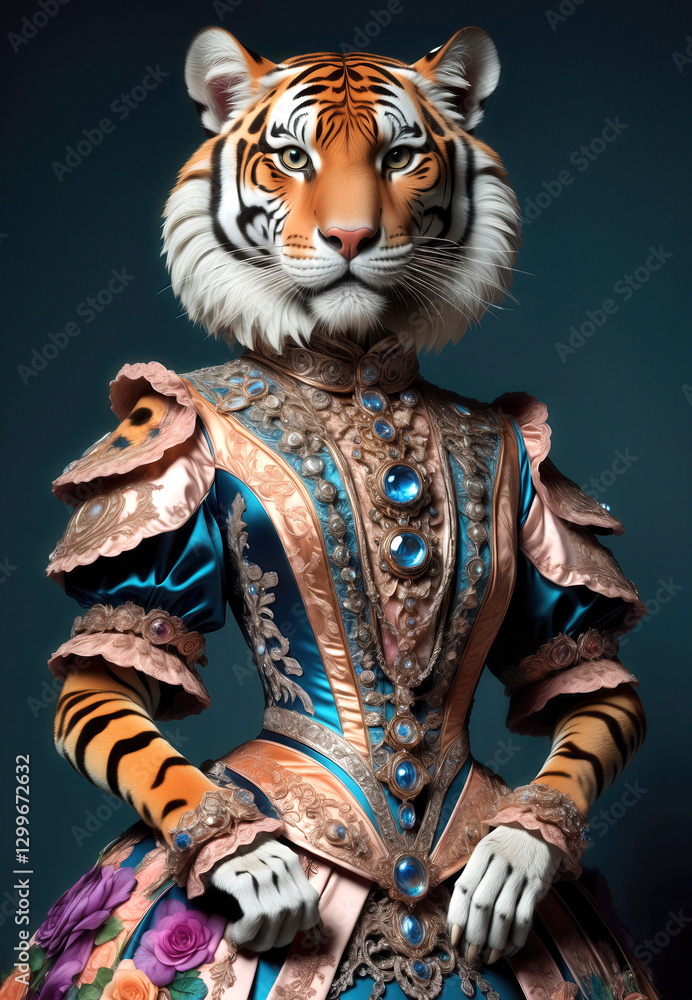 Fototapeta premium Antropomorfismo, tigre, retrato, arte, hombre tigre elegante