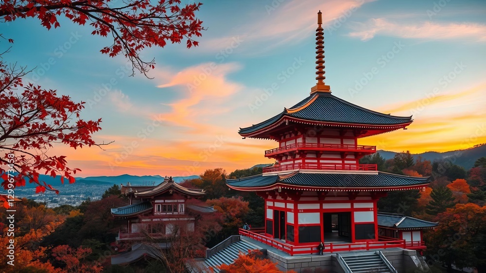 Pagoda of Kiyomizudera Temple illuminated by the warm colors of autumn at sunset in Kyoto, Japan, religious site, autumn Pagoda of Kiyomizudera Temple illuminated by the warm colors of autumn at sunset in Kyoto, Japan, religious site, autumn