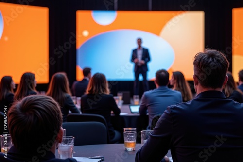 Wallpaper Mural Professional Diverse Group Attends Engaging Technology Conference Presentation with Colorful Backdrop and Focused Audience Participation Torontodigital.ca