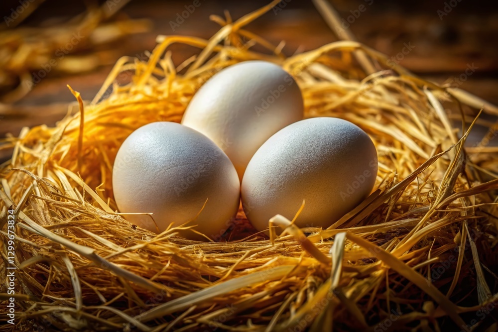 Rustic Still Life: White Eggs Nestled in Dried Straw, Low Light Photography Rustic Still Life: White Eggs Nestled in Dried Straw, Low Light Photography